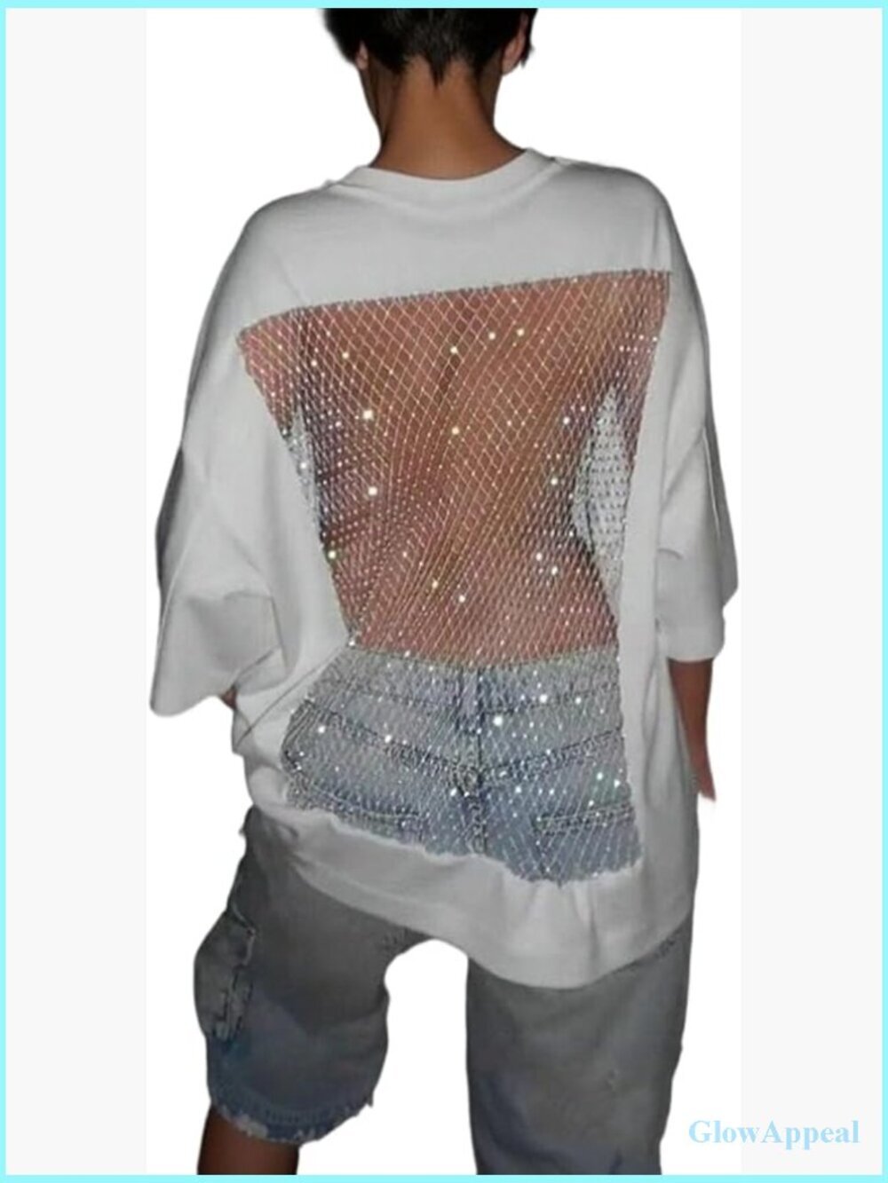 Oversized Rhinestone Backless T-Shirt Sheer Mesh Party Top